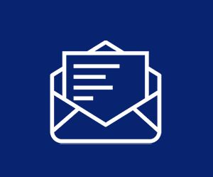 White envelope with a document inside on a dark blue background.