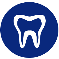 White tooth icon on a dark blue circle background.