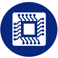 Microchip icon with circuit lines extending from a central square, set on a blue circular background.