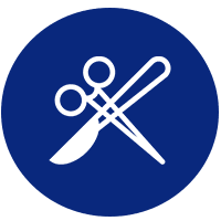 A white icon of scissors and a sewing needle crossed, centered on a blue circle background.