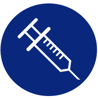 White syringe icon on a blue circular background.