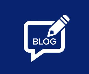 White speech bubble with the word "BLOG" and a pencil icon on a dark blue background.