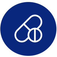 Pill and tablet icon in a blue circle.