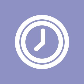 White clock icon with hour and minute hands on a purple background.
