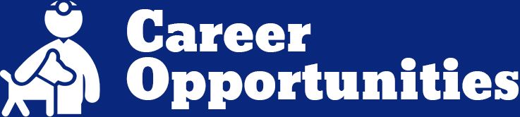 White text "Career Opportunities" beside an icon of a person with a stethoscope and a dog on a blue background.